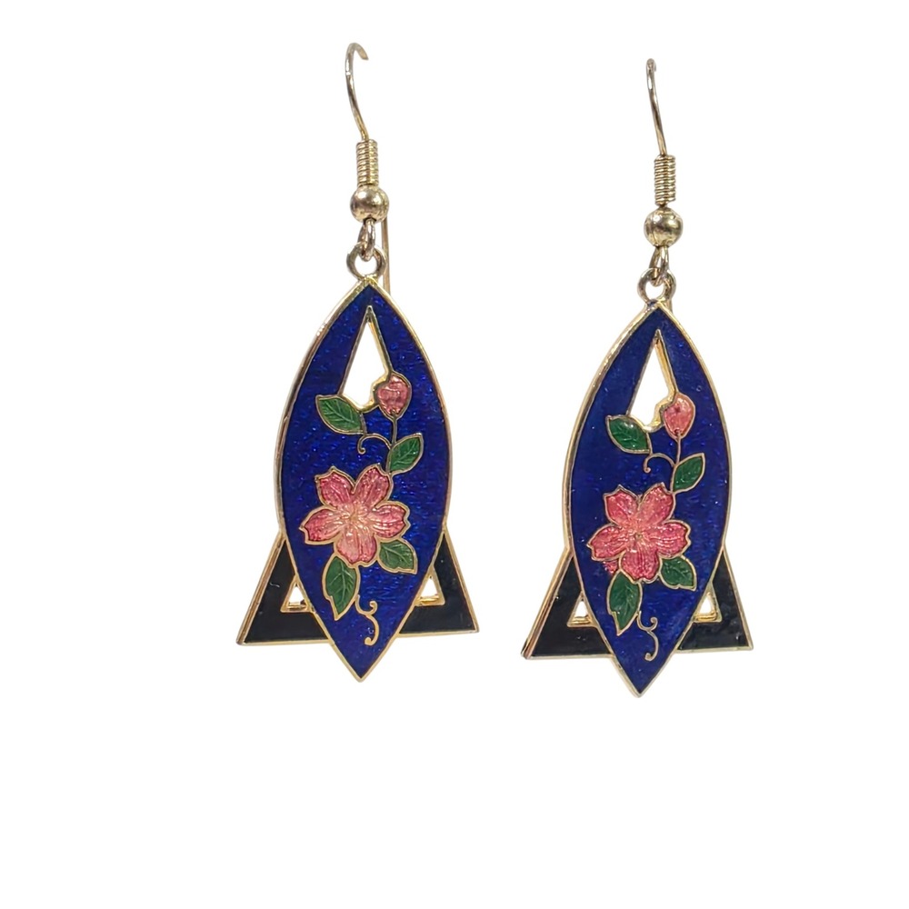 Vintage Cloisonne Enamel Floral Dangle Earrings Blue Pink Gold Tone Art Deco